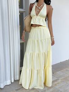 Sunnyshic Bộ đồ 2 món gồm áo crop top cổ yếm hở lưng chữ V sâu kẻ sọc vàng và chân váy xòe cạp thấp xếp ly, thanh lịch, lãng mạn, thích hợp cho kỳ nghỉ, tiệc tùng, phong cách tối giản, thường ngày và đa năng. - Màu vàng - Xem 3