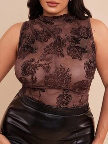 SHEIN BAE 大码女式花卉网眼透明无袖紧身衣 - 酒紅色 - 查看 8