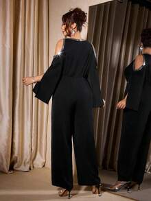 SHEIN Tall CURVE Combinaison élégante et affinante pour grande taille, combinaison de soirée sexy, sans bretelles, ajourée, avec sequins et décoration de ruban. Combinaison noire ample pour femmes grandes. Combinaison noire élégante à jambes larges. Combinaison élégante pour femmes. Combinaison noire de cérémonie - Noir - Voir 3