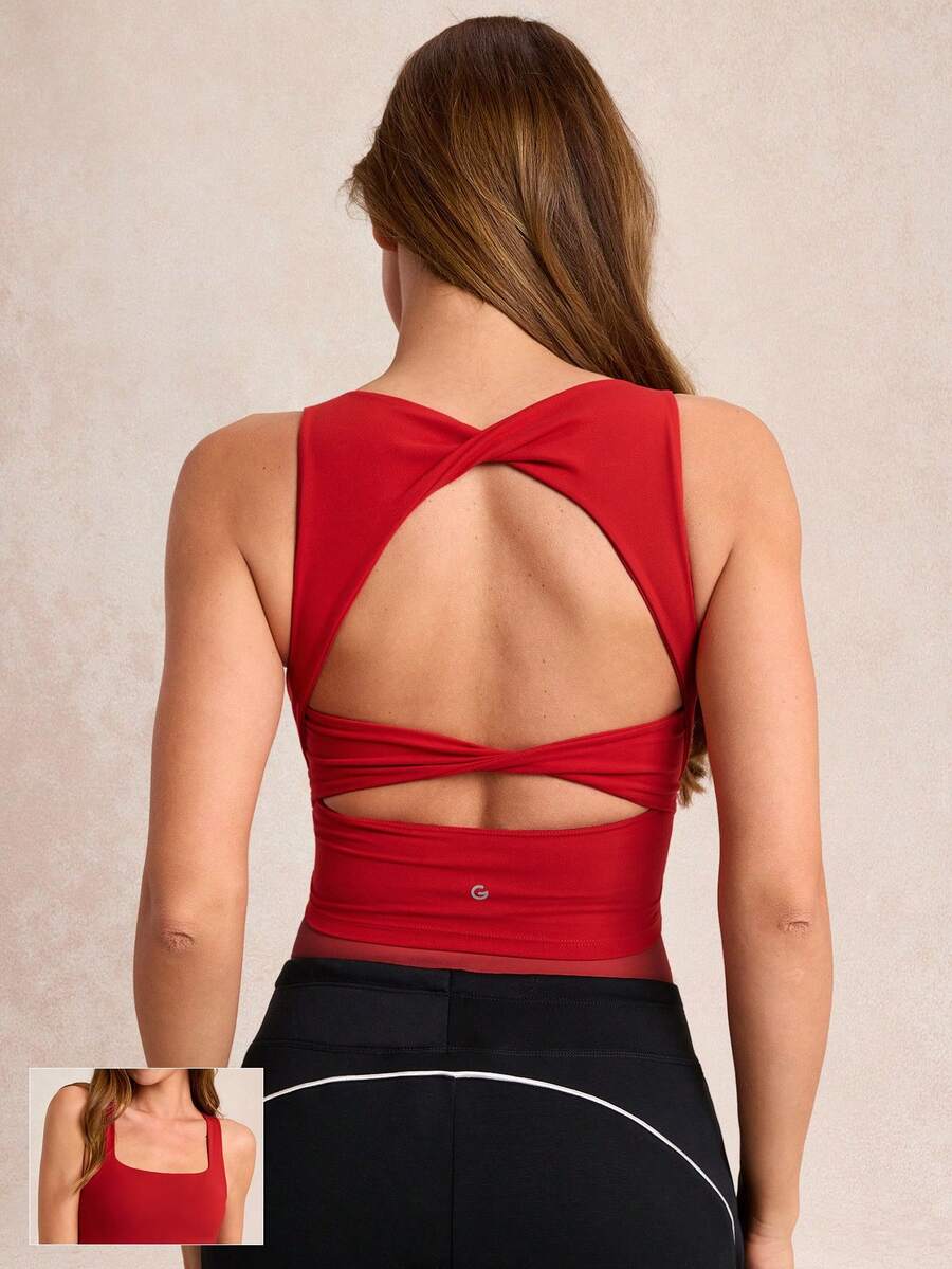 GLOWMODE FeatherFit™ Active Ambition Smörmjuk Fyrkantig Halsringning Vriden Öppen Rygg Avtagbara Kupor Crop Active Linne Låg Impact Yogastudio Dagligt Bruk - Röd - Visa 1