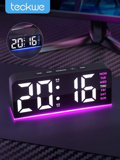 Teckwe Réveil numérique multifonction moderne à LED avec lumière d'ambiance, luminosité réglable, affichage de la date, alimenté par USB, convient pour la décoration de la chambre et du salon, réveil de chambre, rentrée scolaire, fournitures d'étude