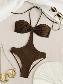 Swim Chiccia Traje de baño de una pieza elegante y sexy con espalda descubierta, plisado y trenzado en color marrón, adecuado para la playa, festivales de música, primavera/verano - Marrón - Ver 3