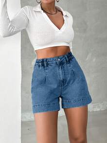 EURMUSE 100%Cotton Ladies Solid Color Simple Denim Shorts,Summer Daily - Dark Wash - View 4