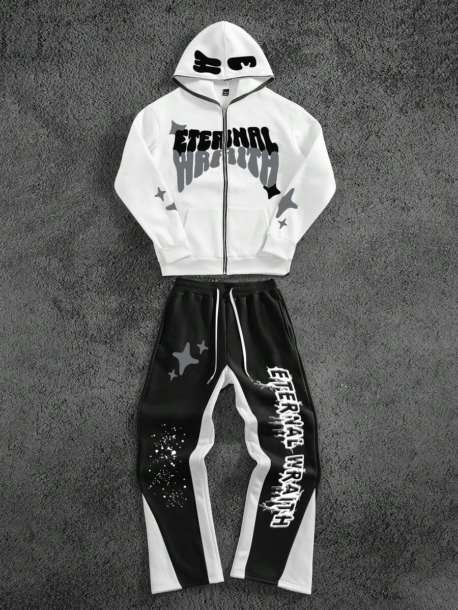 PAVTROS Manfinity Streetrush Men's Zip-Up Thermal Lined Hoodie Sweatshirt & Pants Set, Men Graphics Sweatsuits Hip Hop Clothes, Fall/Winter - Black and White - View 1