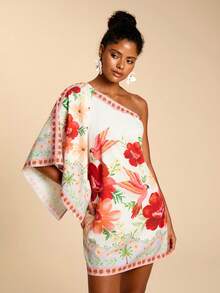 Travachic 热带印花度假风不对称复古休闲连衣裙，适合狂欢节、春假、夏季、情人节、海滩、休闲度假、外出等场合，单袖设计，休闲度假装。 - 紅色 - 查看 7