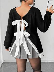 SHEIN Clasi Suéter holgado de manga larga con parches de encaje y lazo elegante para mujer de talla grande, abrigo casual, Navidad, invitado de boda - Negro - Ver 2