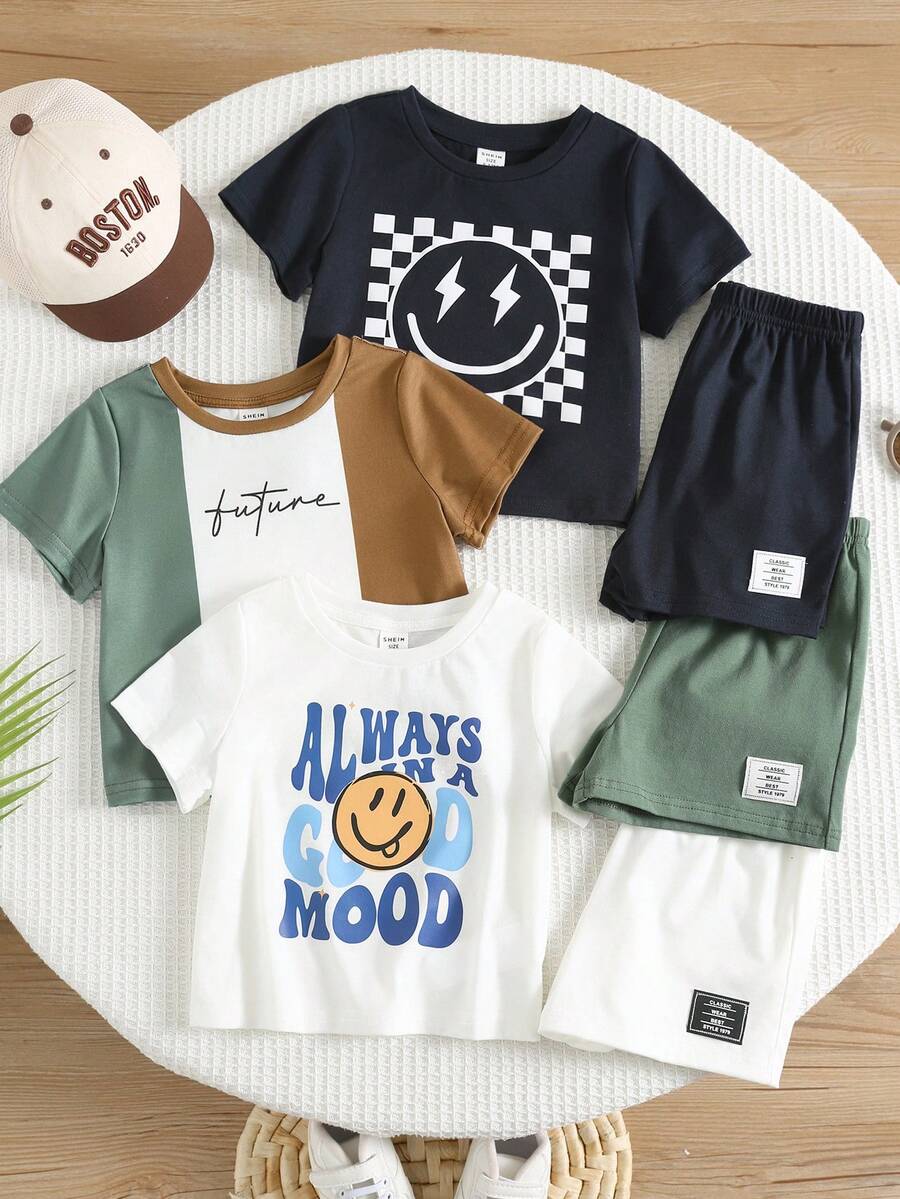 SHEIN 6件套男婴可爱休闲卡通印花短袖T恤和松紧腰短裤套装，基础款多件套，夏季 - 彩色 - 查看 1