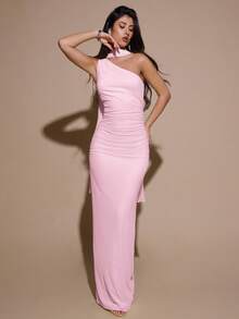 Vestido de malla ajustado con drapeado asimétrico, elegante y sexy vestido de gala para fiesta, boda, cumpleaños, Navidad, Halloween - Amarillo claro - Rosa Pálido - Ver 5