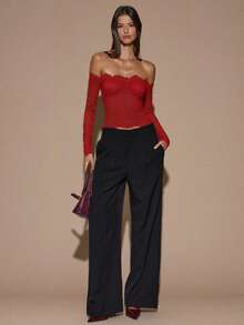 SHEIN BAE Women's Lace Sexy Sheer Hollow Out Off-Shoulder Long Sleeve Top, Wine Red, Suitable For Christmas, Halloween, Day Of The Dead, Autumn/Winter Layering