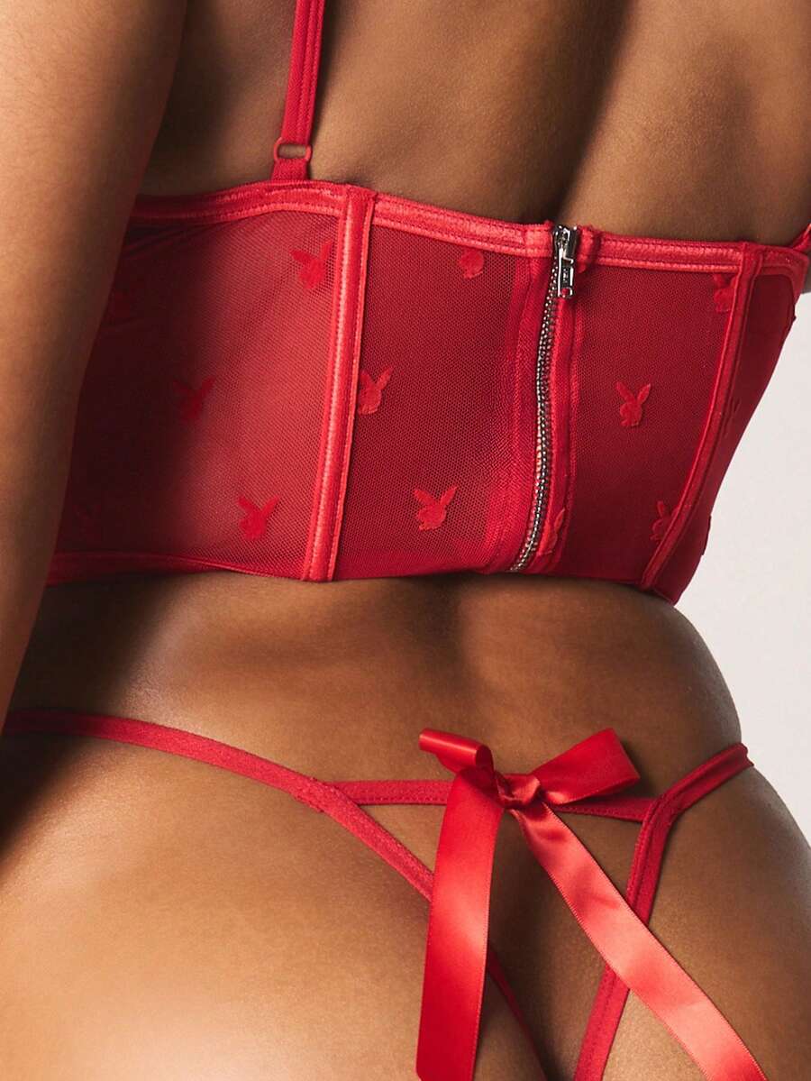 Missguided x Playboy 网纱兔耳丁字裤，饰有蝴蝶结细节和透明拼接设计 - 紅色 - 查看 1