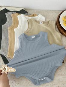 SHEIN Vintaside Kids 6pcs Baby Boys Summer Multi-Color Sleeveless Bodysuit Six Sets, Covering Black, White, Gray, Dark Apricot, Light Blue, Light Khaki And Other Classic Colors - Multicolor - View 1