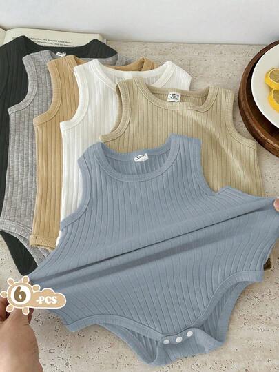 SHEIN Vintaside Kids Babypojkar sommar flerfärgad ärmlös body i sex set, täcker svart, vit, grå, mörk aprikos, ljusblå, ljus khaki och andra klassiska färger