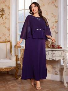 Reflora Curvy Plus Size Women's Elegant Purple Summer Formal Wedding Dress,Chiffon Batwing Sleeves Rhinestone Fake Two-Piece Prom Ball Gown,Luxury - Purple - View 3