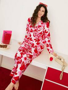 Chillnights Ensemble de pyjama femme à manches longues avec imprimé cœur pour la Saint-Valentin - Rose bonbon - Voir 4