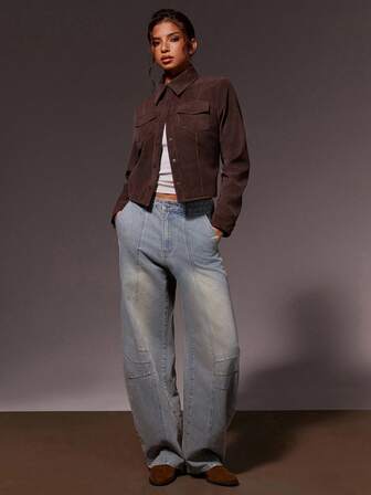 Athîral Women's Letter Graphic Pocket Wide Leg Loose Casual Denim Pants