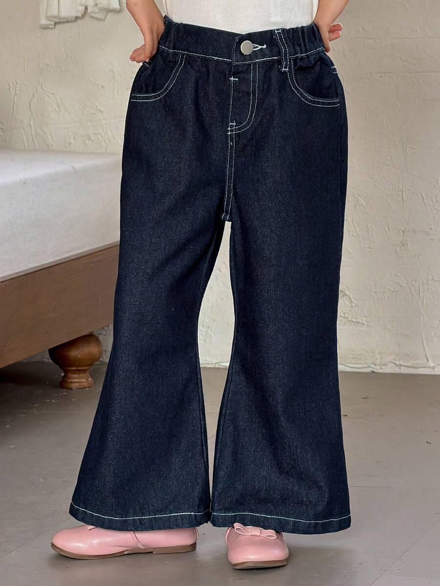 DAZY Young Girls Water-Washed Korean Style Flared Bowknot Embroidered Letter Casual Jeans - Black - View 1