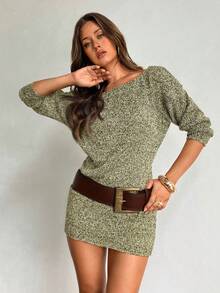 Aloruh Đầm mini ôm sát dáng dài tay, cổ thuyền, chất liệu vải tweed dày dặn, màu nâu, kiểu dáng thanh lịch, thường ngày, dành cho nữ, thích hợp cho mùa thu/đông. - màu xanh lá - Xem 1