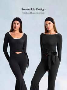 GLOWMODE FeatherFit™ Split Decision 2-In-1 Reversible Wear Buttery-Soft Stretchy Sweat-Wicking Tie-Waist Long Sleeve Top Yoga Pilates Studio Daily Casual - Black - View 2