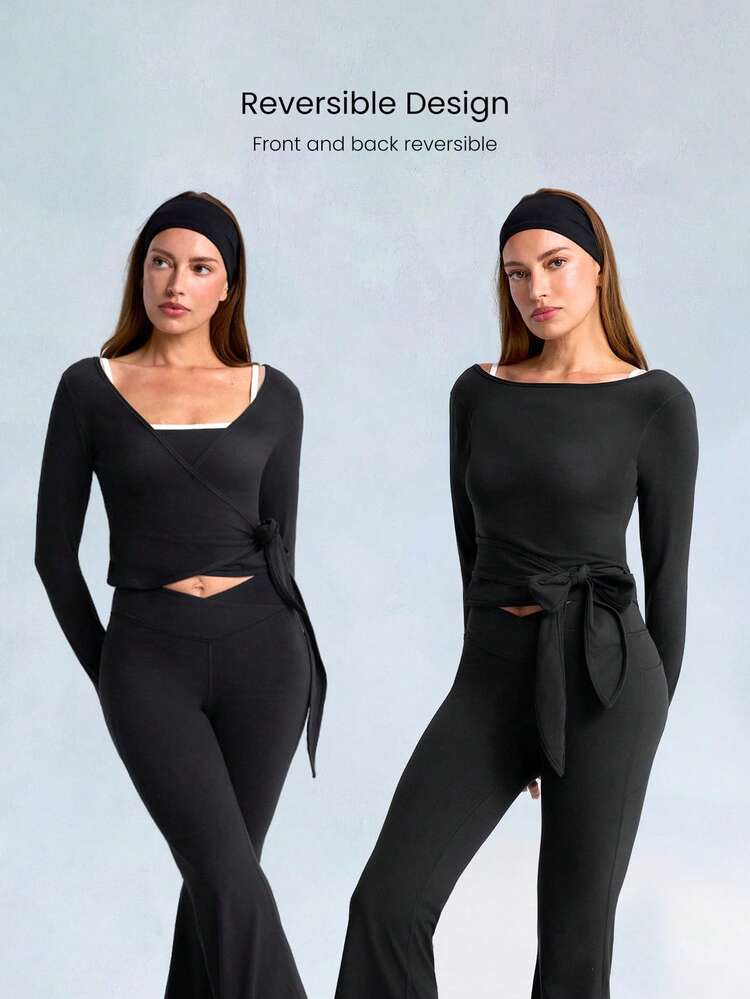 FeatherFit™ Split Decision 2-In-1 Reversible Wear Buttery-Soft Stretchy Sweat-Wicking Tie-Waist Long Sleeve Top Yoga Pilates Studio Daily Casual