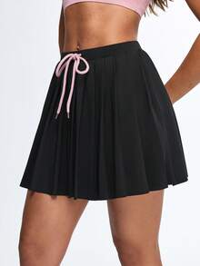 Eassivo Eassivo Women's Black Pleated Athletic Skirt With Inner Pockets,Drawstring High Waist Tennis Skort,Casual Workout Running Sport Skirt With Inner Shorts - Black - View 4
