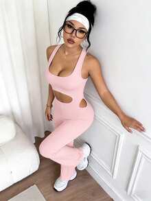 Sovereign Charm Yoga U-Neck Racerback Hollow Out Fitted Jumpsuit - White - View 3