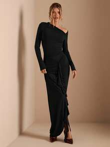 SHEIN BAE 纯棕色秋冬针织连衣裙，斜肩设计，腰部褶皱，侧边系带，优雅妩媚，适合派对、浪漫约会、鸡尾酒会、伴娘礼服、晚宴外出以及秋冬季叠穿等场合。 - 黑色 - 查看 6