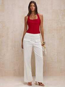 SHEIN BAE Blusa de mujer de unicolor con cuello halter y espalda descubierta, versátil y elegante para citas y fiestas - Rojo - Ver 7