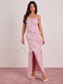 Enchnt Robe longue élégante pour femmes avec découpes, patchwork, volants et fente sur l'ourlet - Parme - Voir 6