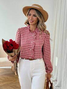 SHEIN LUNE Women's Casual Plaid Red Shirt, Valentine's Day Valentine Spring Casual Blouses For Women Red Blouse Plaid,Casual - Multicolor - View 2