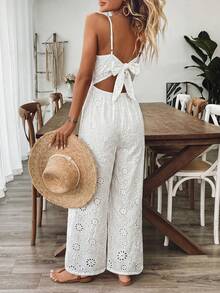 SHEIN Holidaya Women's Romantic Vacation Casual Outgoing Wear Cotton Hollow White Spaghetti Strap Long Wide Leg Jumpsuit, Spring/Summer - White - View 6