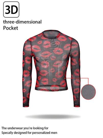 Valentine's Day Mesh Lip Print Men's Base Layer T-Shirt
