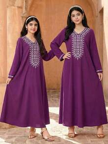 SHEIN Teen Girls' Embroidered Purple Long Sleeve Dress,Elegant Autumn Modest Arabic Jalabiya Abaya - Purple - View 4