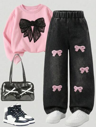 SHEIN 女童休闲渐变街头风直筒牛仔裤，饰有蝴蝶结，适合四季日常穿着，宽松直筒弹力腰带真牛仔牛仔裤