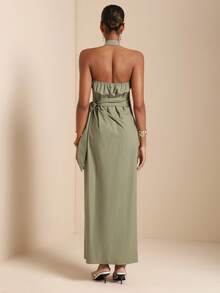 SHEIN Veneréa 女士吊带无袖系腰连衣裙 - 軍綠色 - 查看 2
