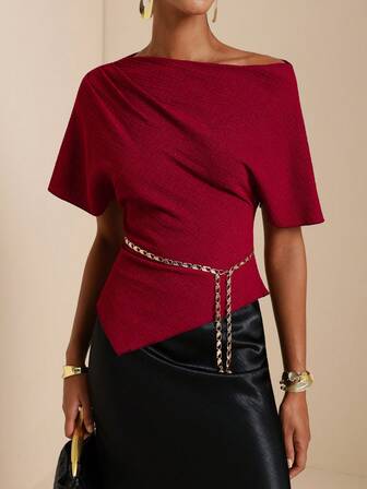 SHEIN Veneréa 女士纯色褶皱不对称领优雅衬衫