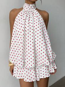 Aloruh Váy ngắn hở lưng họa tiết chấm bi thanh lịch dành cho nữ - Đỏ và trắng - Xem 3