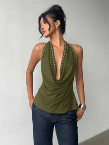 Aloruh Top corto con decoración de cuentas, con cuello halter y espalda descubierta, de moda y sexy, para el verano - Verde militar - Ver 8