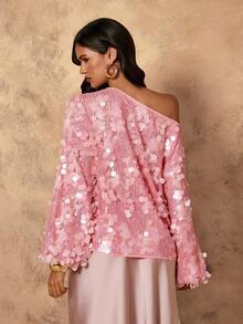 Rafferiza 女士亮片装饰宽松不对称肩长袖衬衫 - 粉色 - 查看 2