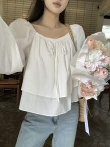 DAZY 女士方领蝴蝶结纯色休闲长袖衬衫 - 白色 - 查看 6