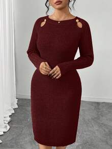 Elenzga Plus Size Women Hollow Out Solid Color Crew Neck Sweater Dress - Red - View 4