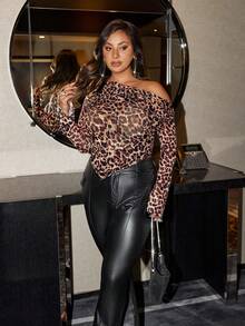 SHEIN BAE Plus Size Women Leopard Print Asymmetrical Neck Top With Pleated And Asymmetrical Hem Fall - Brown - View 1