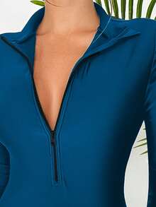 SHEIN Swim 女士纯色长袖拉链休闲防晒泳衣 蓝色长袖泳衣 长袖泳装 女士蓝色长袖泳衣 - 藍色 - 查看 3