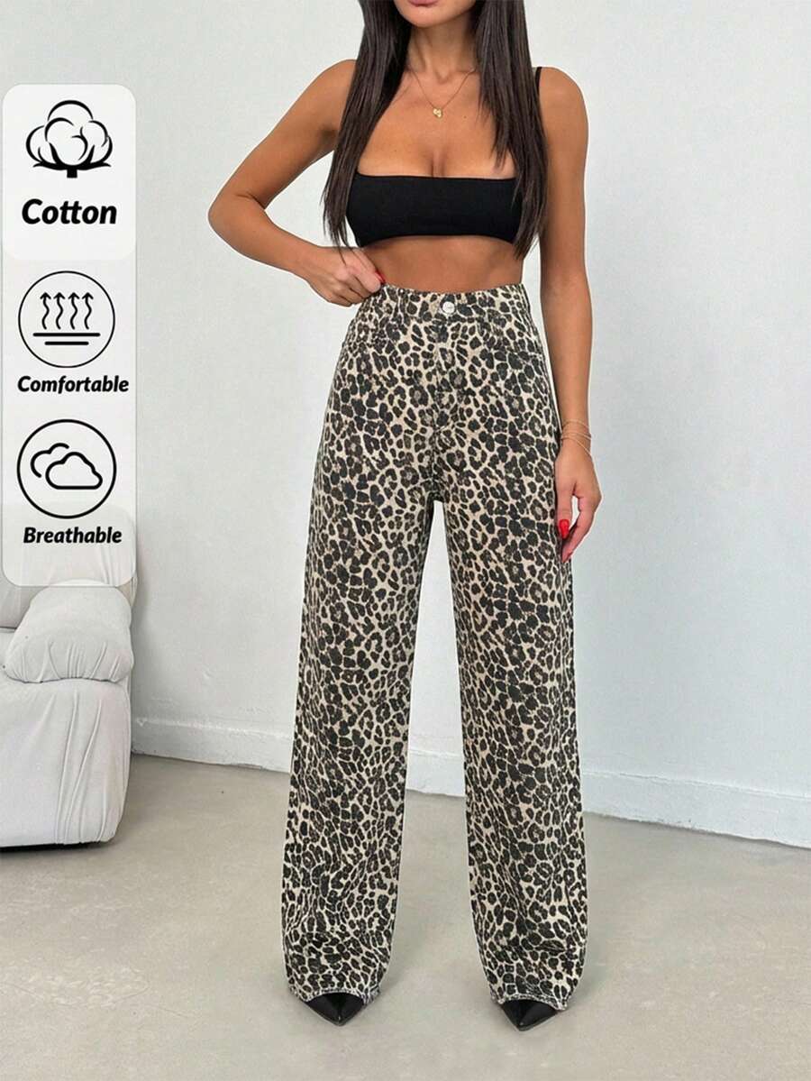 SHEIN PETITE 100% Cotton MID RISE WIDEEG CUT LEOPARD PETITE JEAN - Multicolor - View 1