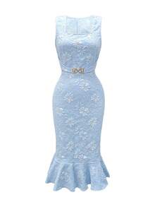 Elenzga New Spring/Summer Blue French Elegant Chic Dress, Textured Water Lily Fabric Design, Square Neck Sleeveless Waist Strap Metal Chain Cinched Waist Slim-Fit Flounce Hem Women Sheath Dress - Blue - View 8