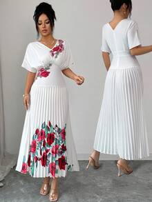 Elenzga Đầm in hoa hồng cổ chữ V thanh lịch và tinh tế với phần eo xếp ly tạo hiệu ứng thon gọn. Đầm trắng thanh lịch, đầm in hoa, đầm hoa trắng, đầm xếp ly, đầm dài họa tiết hoa cho nữ, đầm in hoa hồng trắng, đầm hè xếp ly, đầm hoa mùa xuân, đầm thanh lịch cho nữ. - màu đen - Xem 3