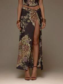 MUSERA Floral Animal Print Mesh Twist Detail Thigh Split Maxi Skirt Co-Ord Bottom Only Valentines Sexy Cute Party Romantic Night Out Occasion Winter Vacation - Multicolor - View 2