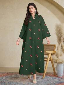 Al Najma 女士土耳其长款束腰外衣和阿拉伯传统长袍连衣裙，卡夫坦长袍和贾拉比亚长袍 - 綠色 - 查看 2