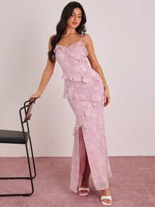 Enchnt Robe longue élégante pour femmes avec découpes, patchwork, volants et fente sur l'ourlet - Parme - Voir 3