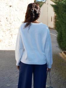 Yess Loren FOR BEAUTY Women's Spring/Autumn/Winter New Knitted Pullover, Simple And Elegant Casual Style, White Round Neck Long Sleeve Sweater - White - View 2