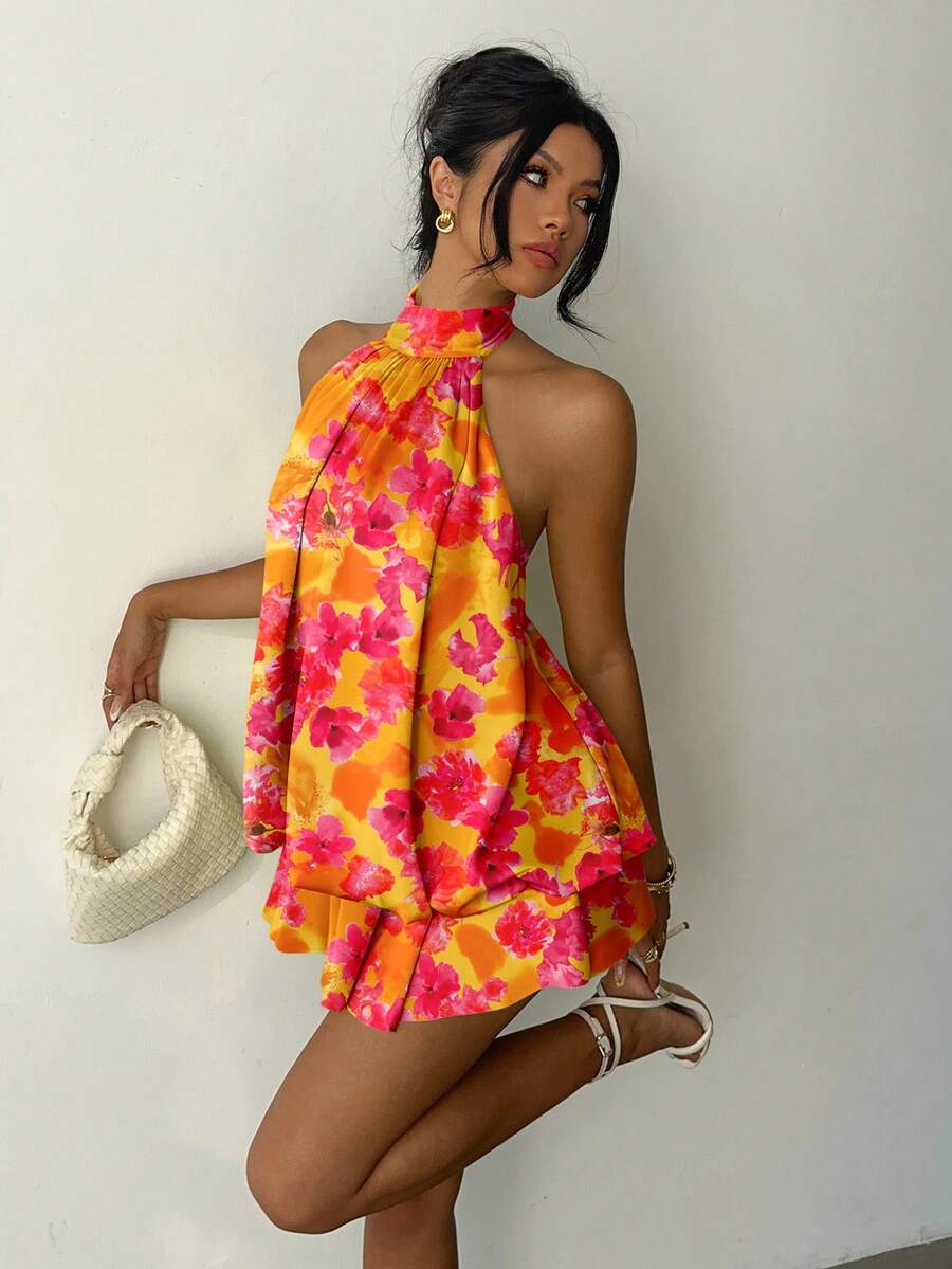 Aloruh 女士优雅橙红色涂鸦花卉印花露背系带迷你连衣裙，女士度假连衣裙，女士夜间外出连衣裙，女士夏季连衣裙，女士蜜月旅行装，海岛度假装，女士吊带裙，女士优雅音乐节连衣裙 - 橘色 - 查看 1